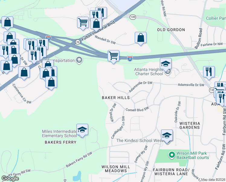 map of restaurants, bars, coffee shops, grocery stores, and more near 4115 Cornell Boulevard Southwest in Atlanta