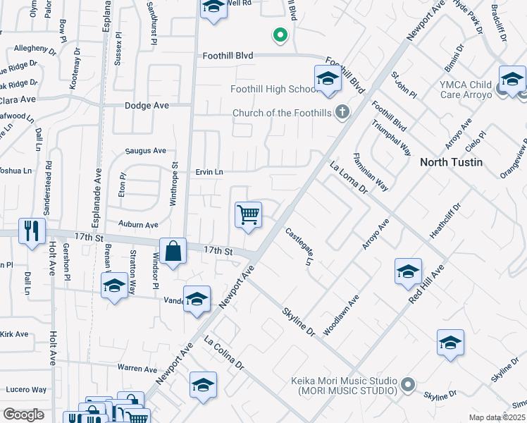 map of restaurants, bars, coffee shops, grocery stores, and more near 19001 Castlegate Lane in Santa Ana