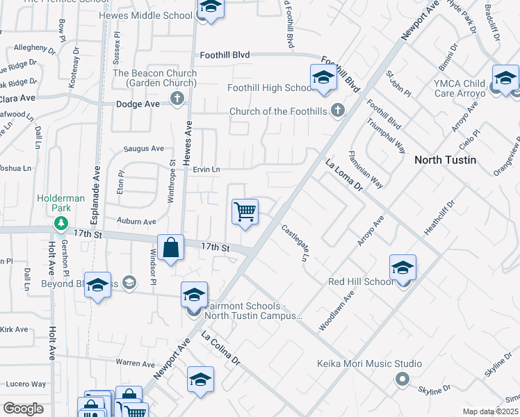 map of restaurants, bars, coffee shops, grocery stores, and more near 19001 Castlegate Lane in Santa Ana