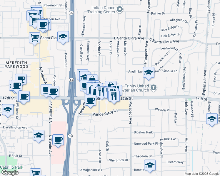 map of restaurants, bars, coffee shops, grocery stores, and more near 13902 Yorba Street in Tustin