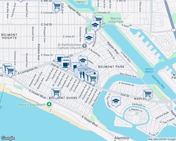 map of restaurants, bars, coffee shops, grocery stores, and more near 229 La Verne Avenue in Long Beach
