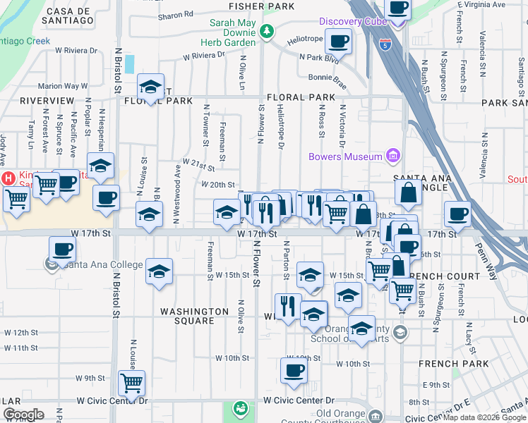 map of restaurants, bars, coffee shops, grocery stores, and more near 1715N North Flower Street in Santa Ana