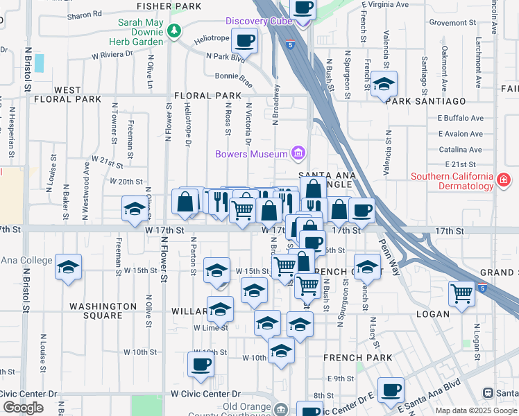 map of restaurants, bars, coffee shops, grocery stores, and more near 323 West 18th Street in Santa Ana