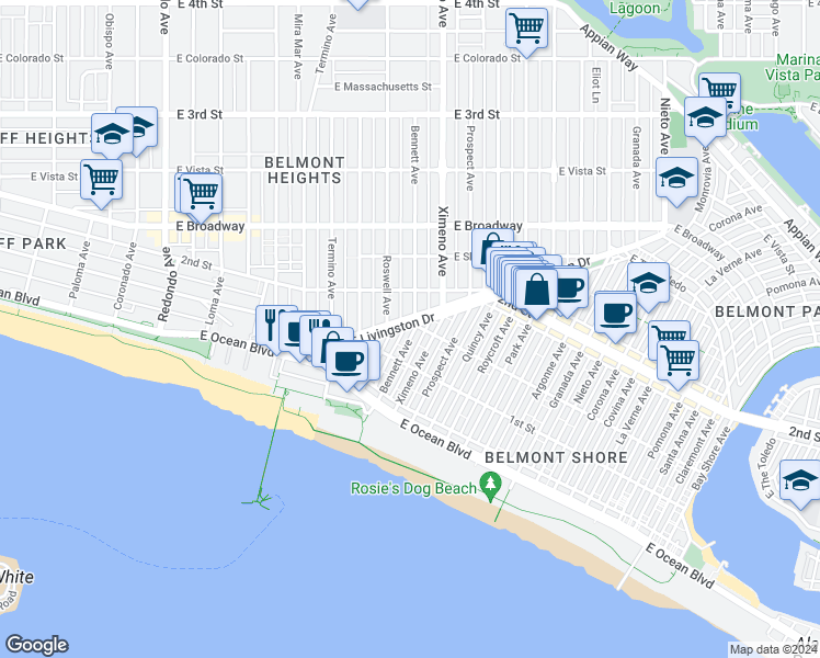 map of restaurants, bars, coffee shops, grocery stores, and more near 129 Bennett Avenue in Long Beach