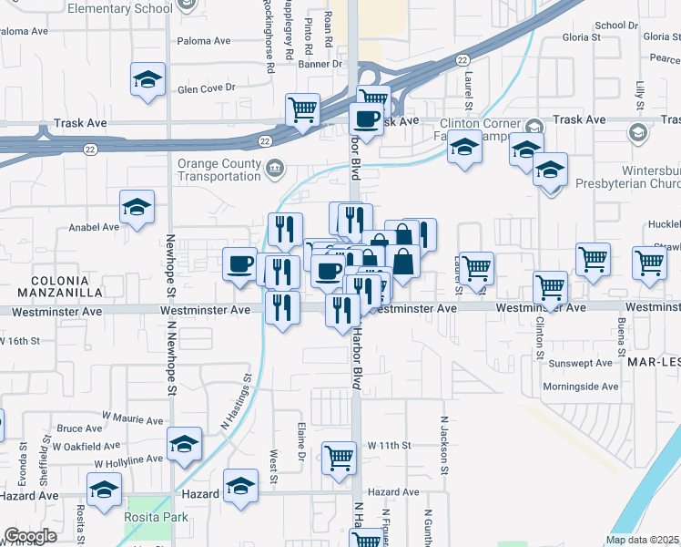 map of restaurants, bars, coffee shops, grocery stores, and more near 13915 Harbor Boulevard in Garden Grove
