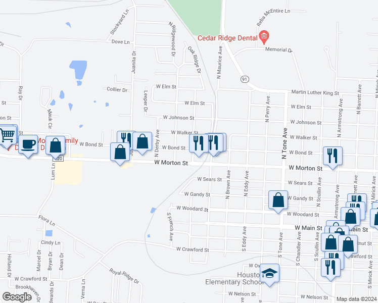 map of restaurants, bars, coffee shops, grocery stores, and more near 1604 West Bond Street in Denison
