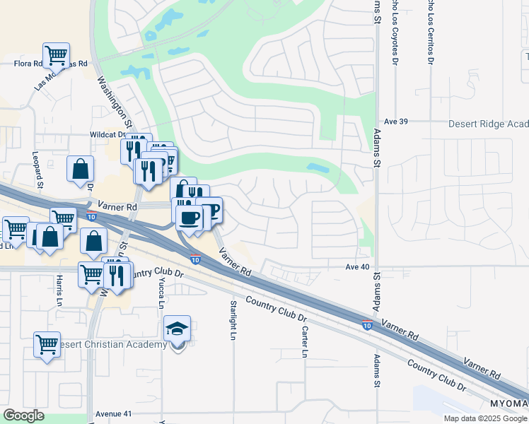 map of restaurants, bars, coffee shops, grocery stores, and more near 78568 Glastonbury Way in Palm Desert