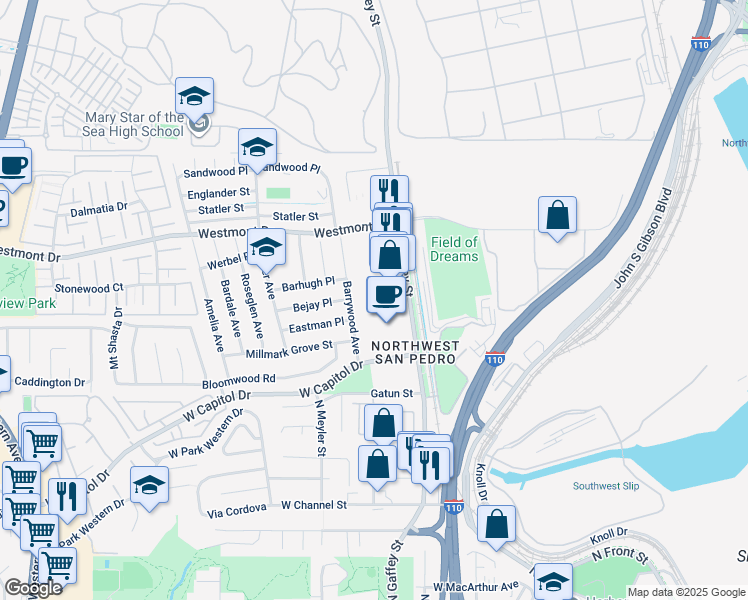 map of restaurants, bars, coffee shops, grocery stores, and more near 1701 North Gaffey Street in Los Angeles