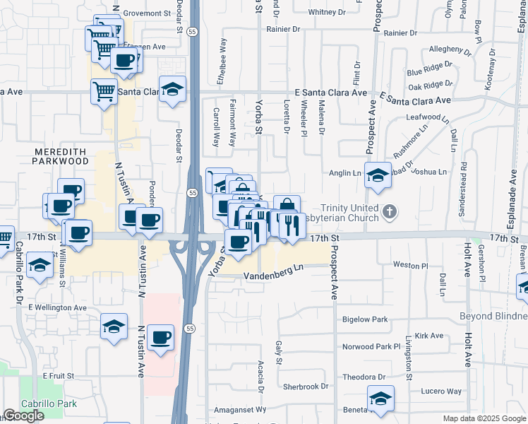 map of restaurants, bars, coffee shops, grocery stores, and more near 13902 Yorba Street in Tustin