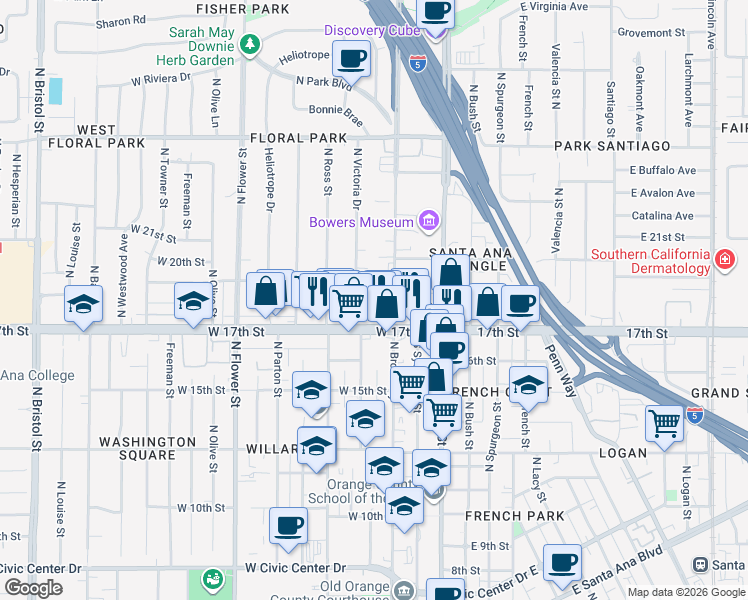 map of restaurants, bars, coffee shops, grocery stores, and more near 1770 North Broadway in Santa Ana