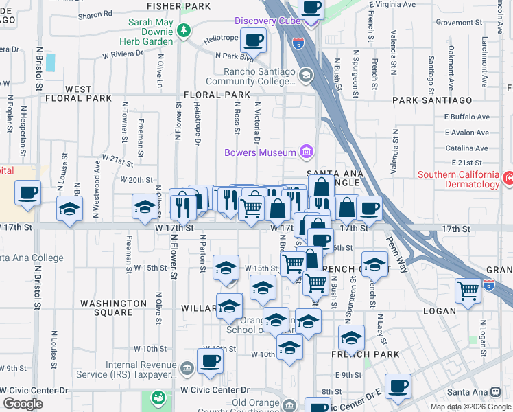 map of restaurants, bars, coffee shops, grocery stores, and more near 355 West 17th Street in Santa Ana