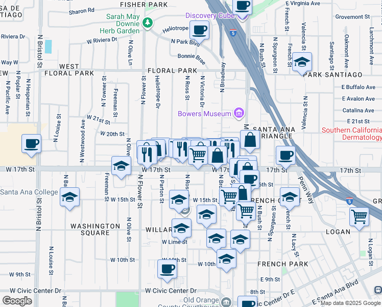 map of restaurants, bars, coffee shops, grocery stores, and more near 355 West 17th Street in Santa Ana