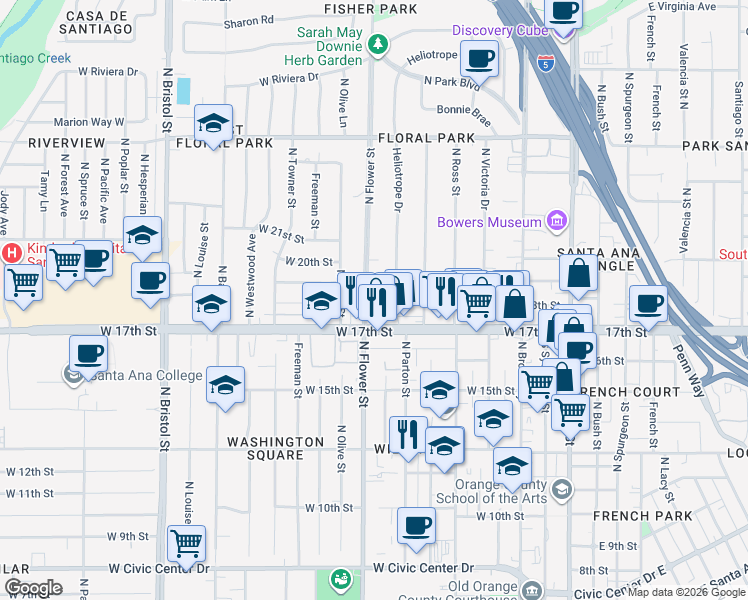 map of restaurants, bars, coffee shops, grocery stores, and more near 1715N North Flower Street in Santa Ana