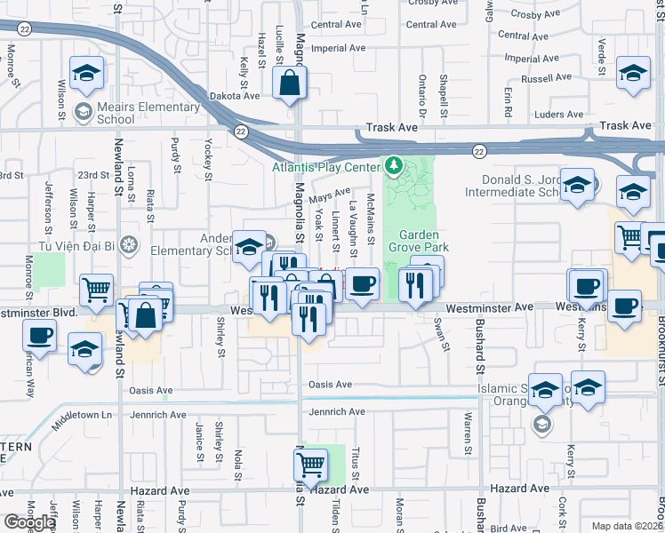 map of restaurants, bars, coffee shops, grocery stores, and more near 9143 Westminster Boulevard in Garden Grove
