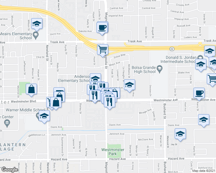 map of restaurants, bars, coffee shops, grocery stores, and more near 13912 Magnolia Street in Garden Grove