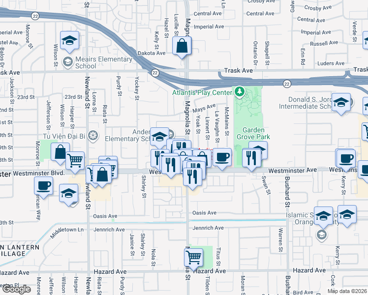 map of restaurants, bars, coffee shops, grocery stores, and more near 13912 Magnolia Street in Garden Grove