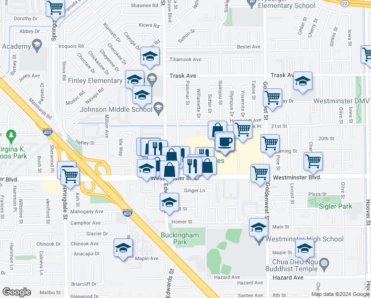map of restaurants, bars, coffee shops, grocery stores, and more near 13902 La Pat Place in Westminster
