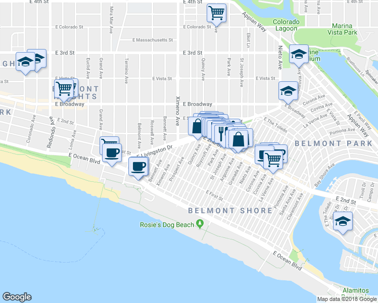 map of restaurants, bars, coffee shops, grocery stores, and more near 149 Roycroft Avenue in Long Beach