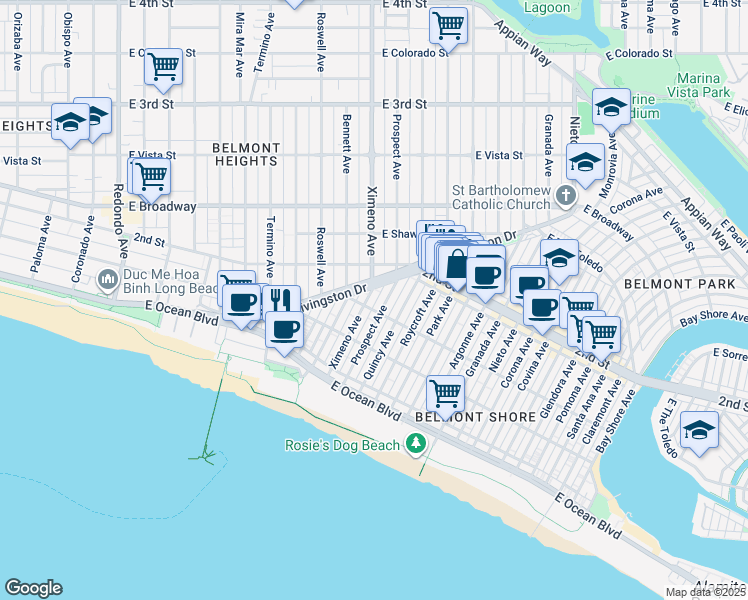 map of restaurants, bars, coffee shops, grocery stores, and more near in Long Beach