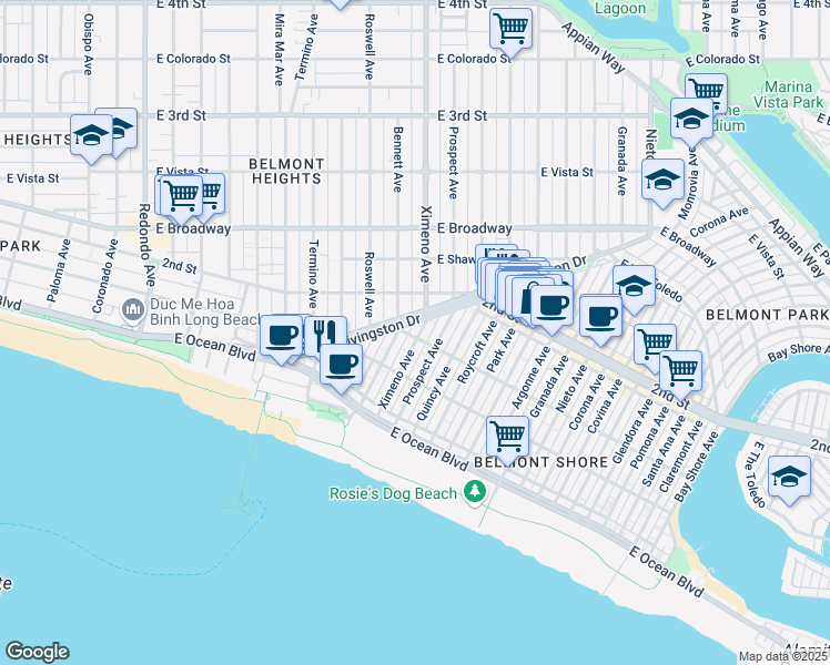 map of restaurants, bars, coffee shops, grocery stores, and more near in Long Beach
