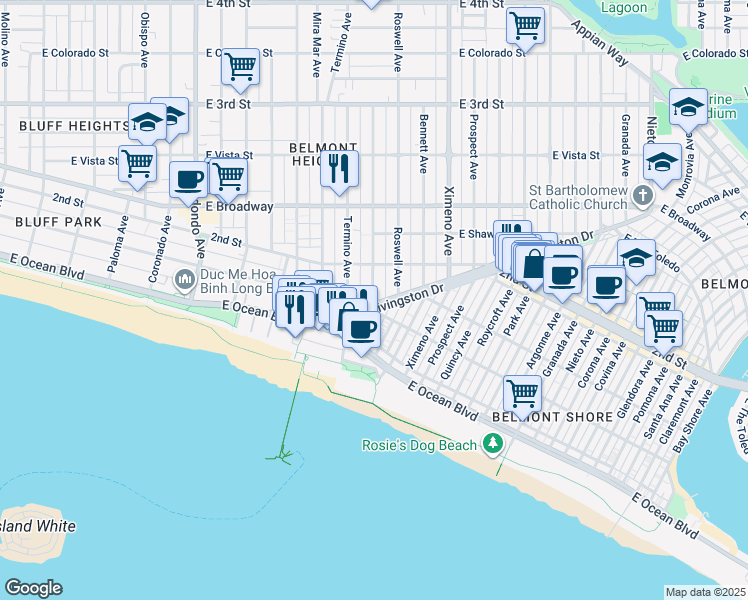 map of restaurants, bars, coffee shops, grocery stores, and more near 130 East 1st Street in Long Beach