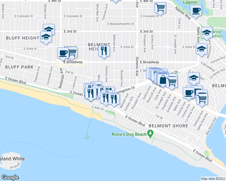 map of restaurants, bars, coffee shops, grocery stores, and more near 130 East 1st Street in Long Beach