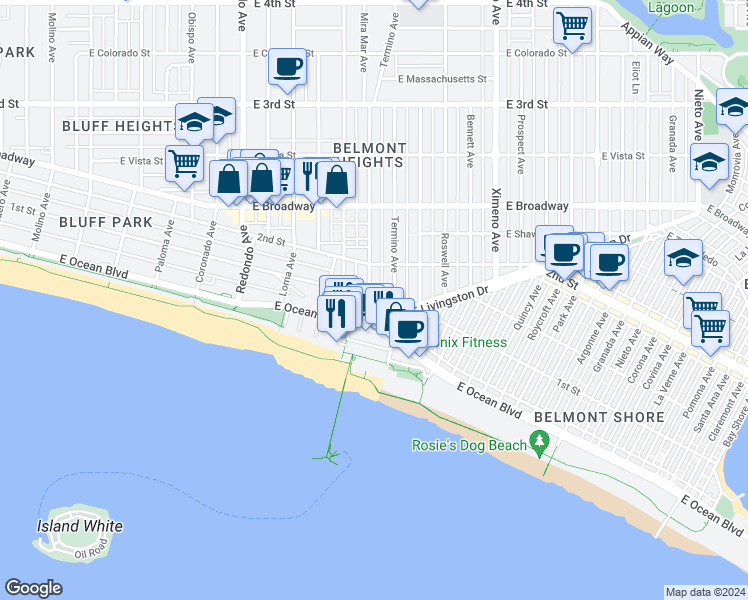 map of restaurants, bars, coffee shops, grocery stores, and more near 3817 East Livingston Drive in Long Beach