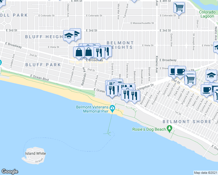 map of restaurants, bars, coffee shops, grocery stores, and more near in Long Beach