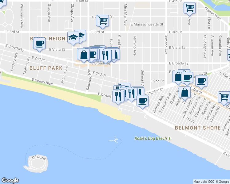 map of restaurants, bars, coffee shops, grocery stores, and more near in Long Beach