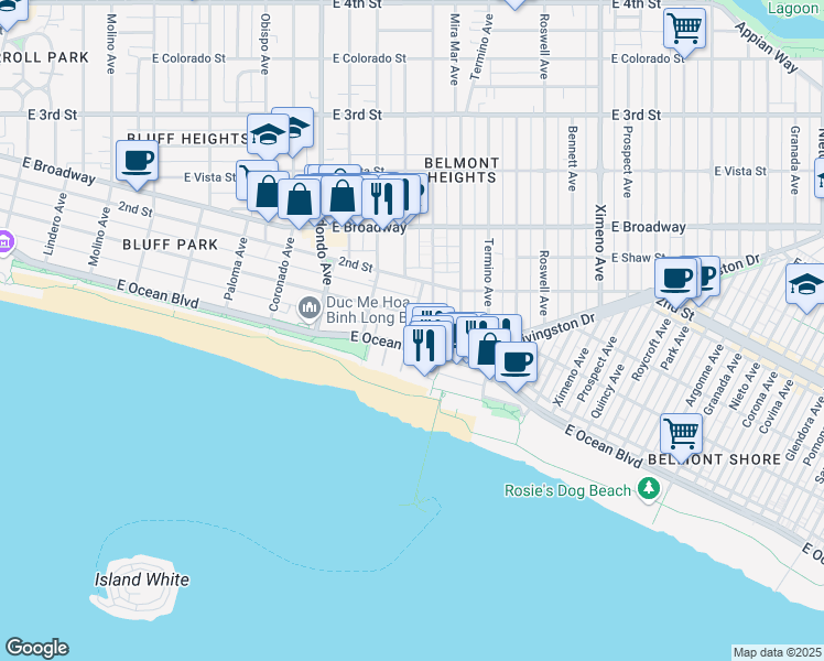 map of restaurants, bars, coffee shops, grocery stores, and more near in Long Beach