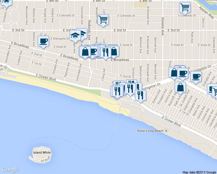 map of restaurants, bars, coffee shops, grocery stores, and more near in Long Beach