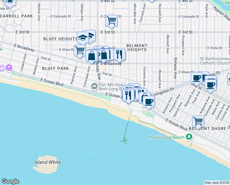 map of restaurants, bars, coffee shops, grocery stores, and more near 3627 East Ocean Boulevard in Long Beach