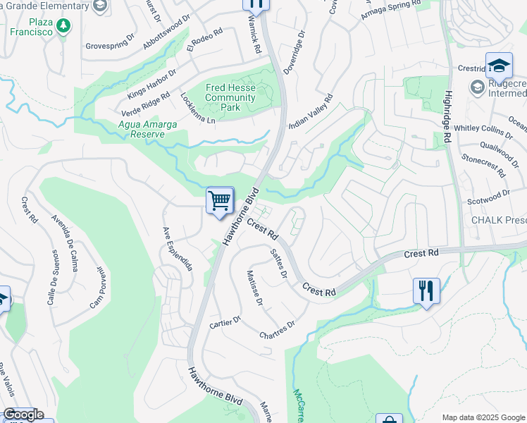map of restaurants, bars, coffee shops, grocery stores, and more near 29 Pepper Tree Lane in Rolling Hills Estates