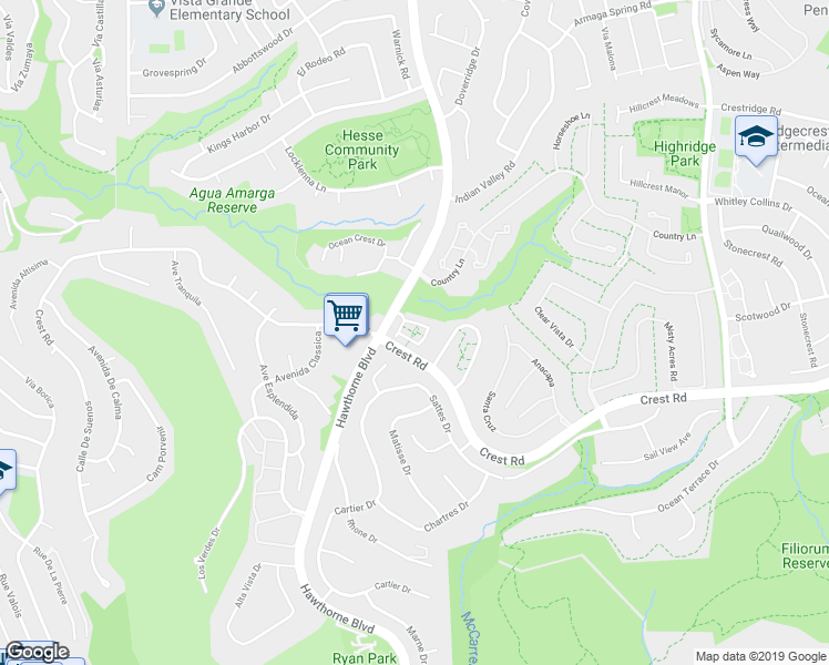 map of restaurants, bars, coffee shops, grocery stores, and more near 6540 Crest Road in Rolling Hills Estates