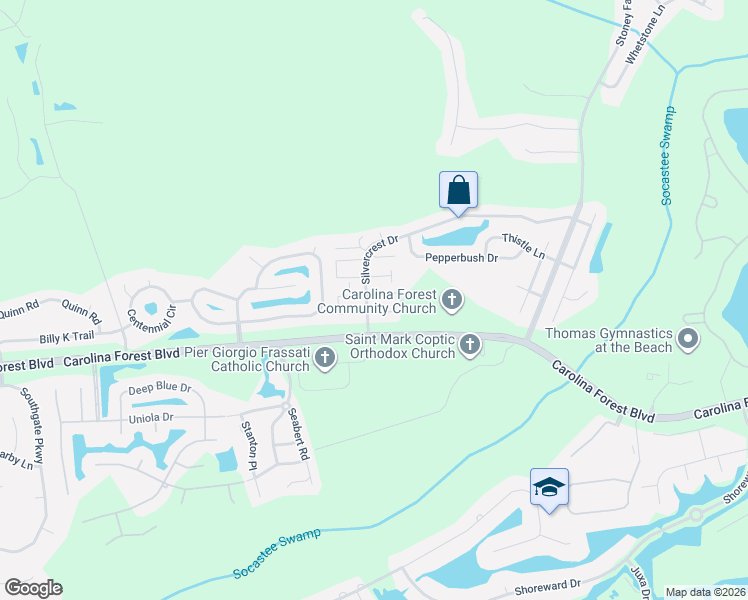 map of restaurants, bars, coffee shops, grocery stores, and more near 2102 Silvercrest Drive in Myrtle Beach