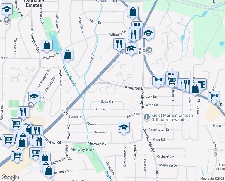 map of restaurants, bars, coffee shops, grocery stores, and more near 1220 Maple Walk Circle in Decatur