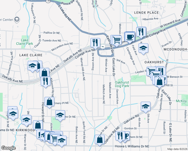 map of restaurants, bars, coffee shops, grocery stores, and more near 283 Sisson Avenue Northeast in Atlanta