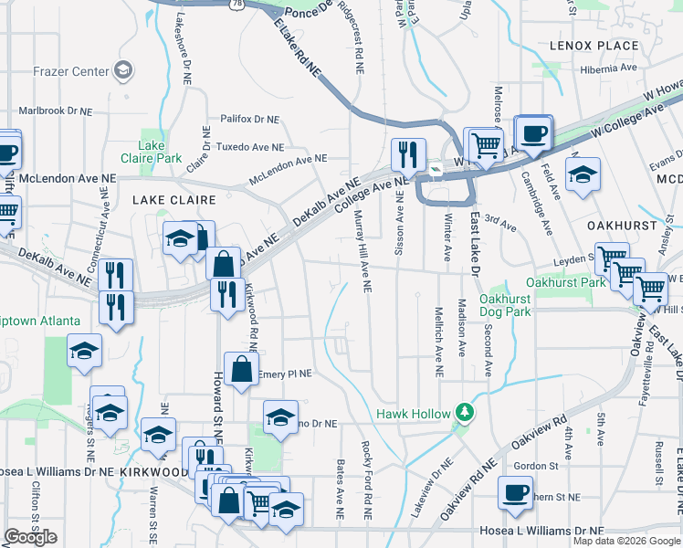 map of restaurants, bars, coffee shops, grocery stores, and more near 2137 Wisteria Way Northeast in Atlanta