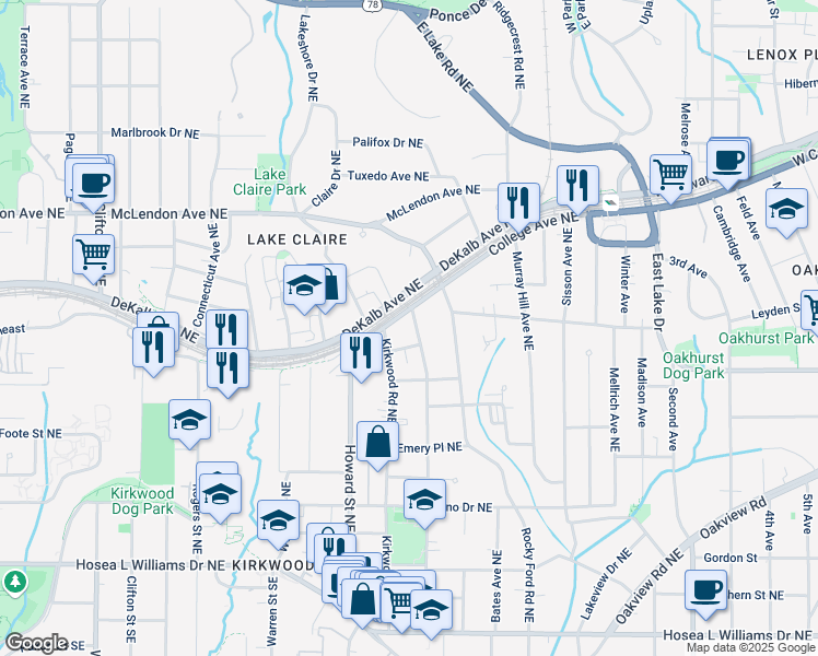 map of restaurants, bars, coffee shops, grocery stores, and more near 286 Norwood Avenue Northeast in Atlanta