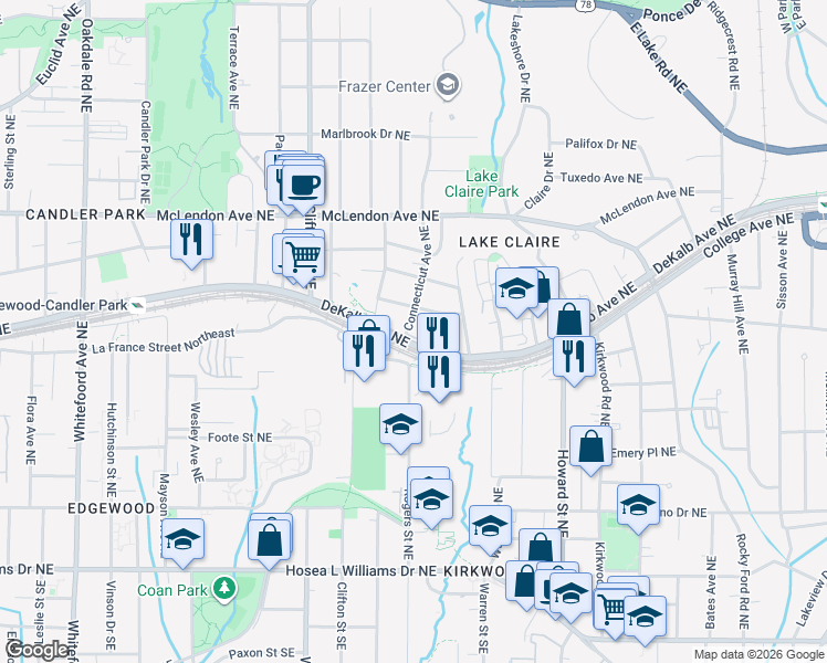 map of restaurants, bars, coffee shops, grocery stores, and more near 1802 DeKalb Avenue Northeast in Atlanta
