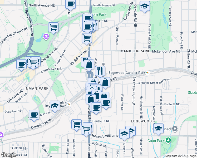 map of restaurants, bars, coffee shops, grocery stores, and more near 249 Josephine Street Northeast in Atlanta
