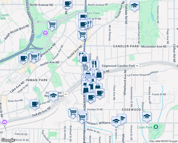 map of restaurants, bars, coffee shops, grocery stores, and more near 1210 DeKalb Avenue Northeast in Atlanta
