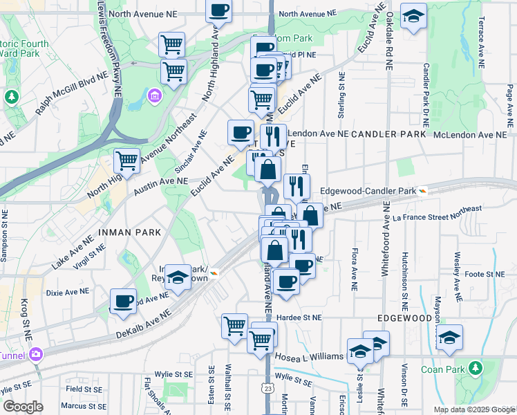 map of restaurants, bars, coffee shops, grocery stores, and more near 1165 Alta Avenue Northeast in Atlanta
