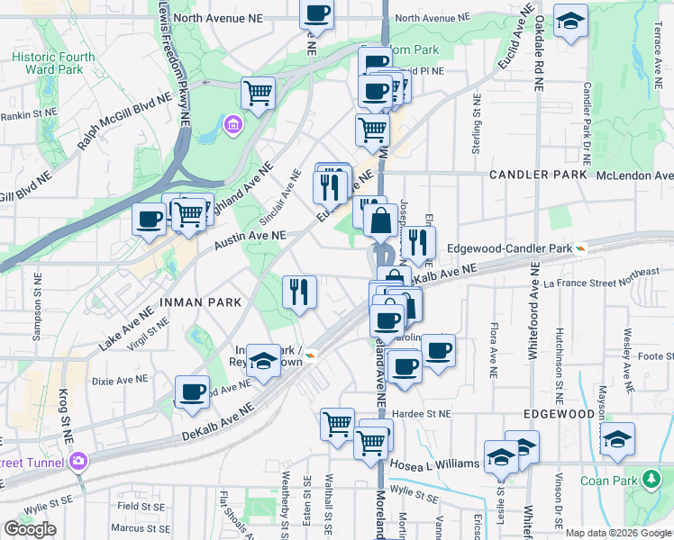 map of restaurants, bars, coffee shops, grocery stores, and more near 233 Haralson Avenue Northeast in Atlanta