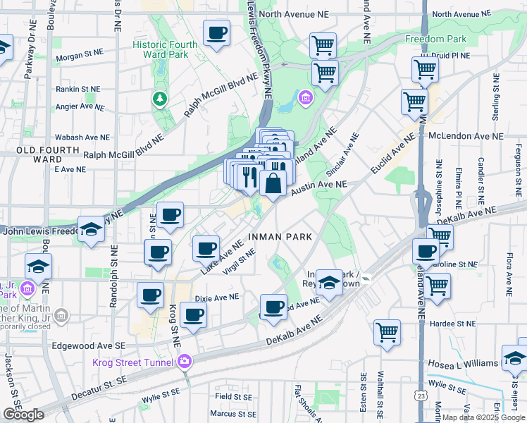 map of restaurants, bars, coffee shops, grocery stores, and more near in Atlanta