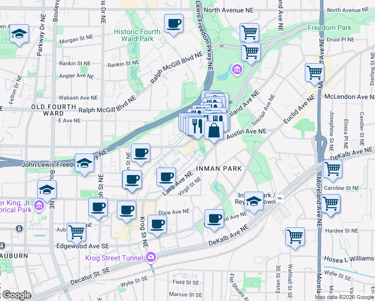 map of restaurants, bars, coffee shops, grocery stores, and more near 881 Inman Village Parkway Northeast in Atlanta