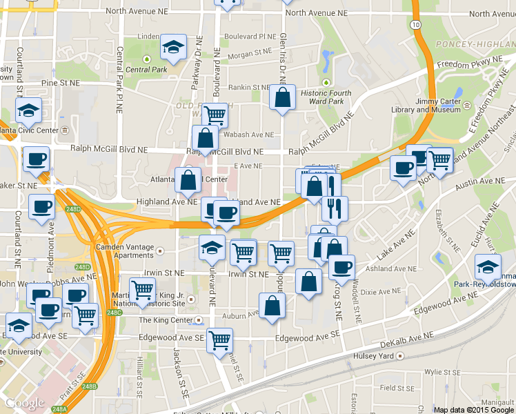 map of restaurants, bars, coffee shops, grocery stores, and more near 549 Highland Avenue Northeast in Atlanta