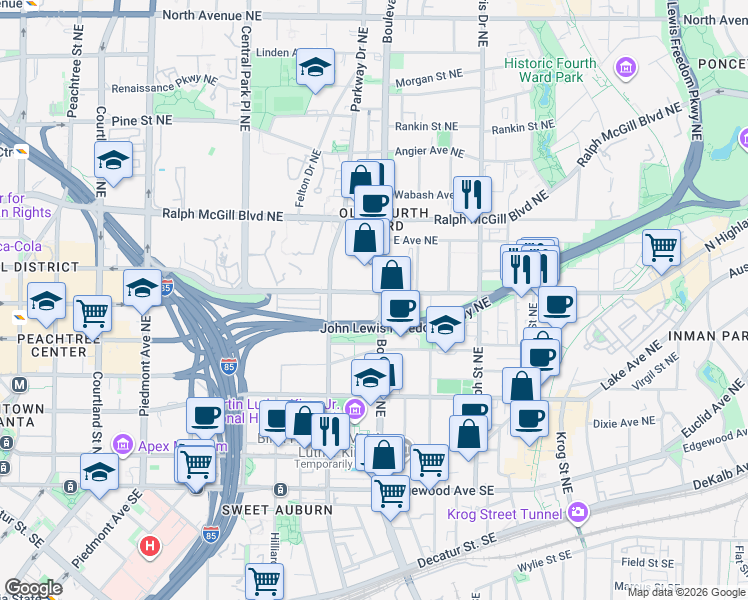map of restaurants, bars, coffee shops, grocery stores, and more near in Atlanta