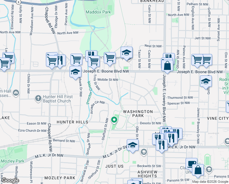 map of restaurants, bars, coffee shops, grocery stores, and more near 215 Stafford Street Northwest in Atlanta