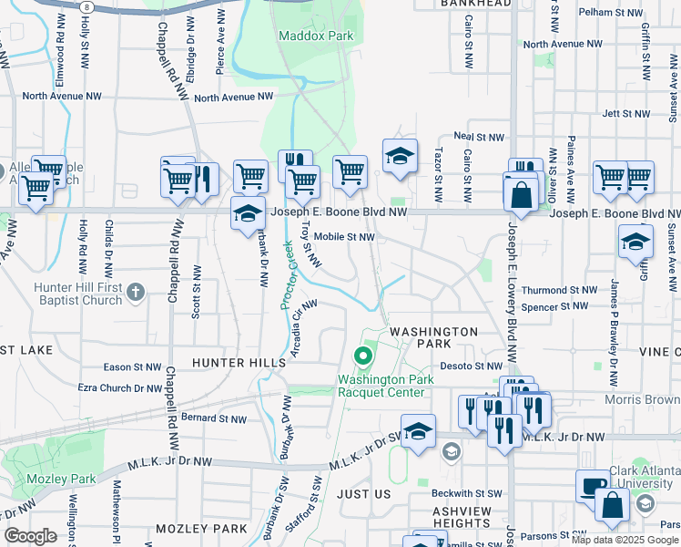 map of restaurants, bars, coffee shops, grocery stores, and more near 192 Troy Street Northwest in Atlanta